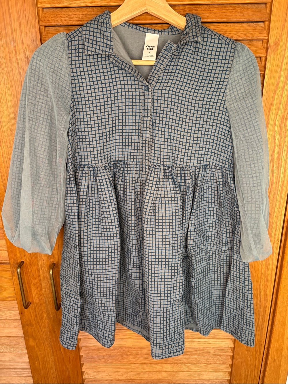 Nordstrom Open Edit Children's Checked Blue Casual Dress with Sheer Sleeves